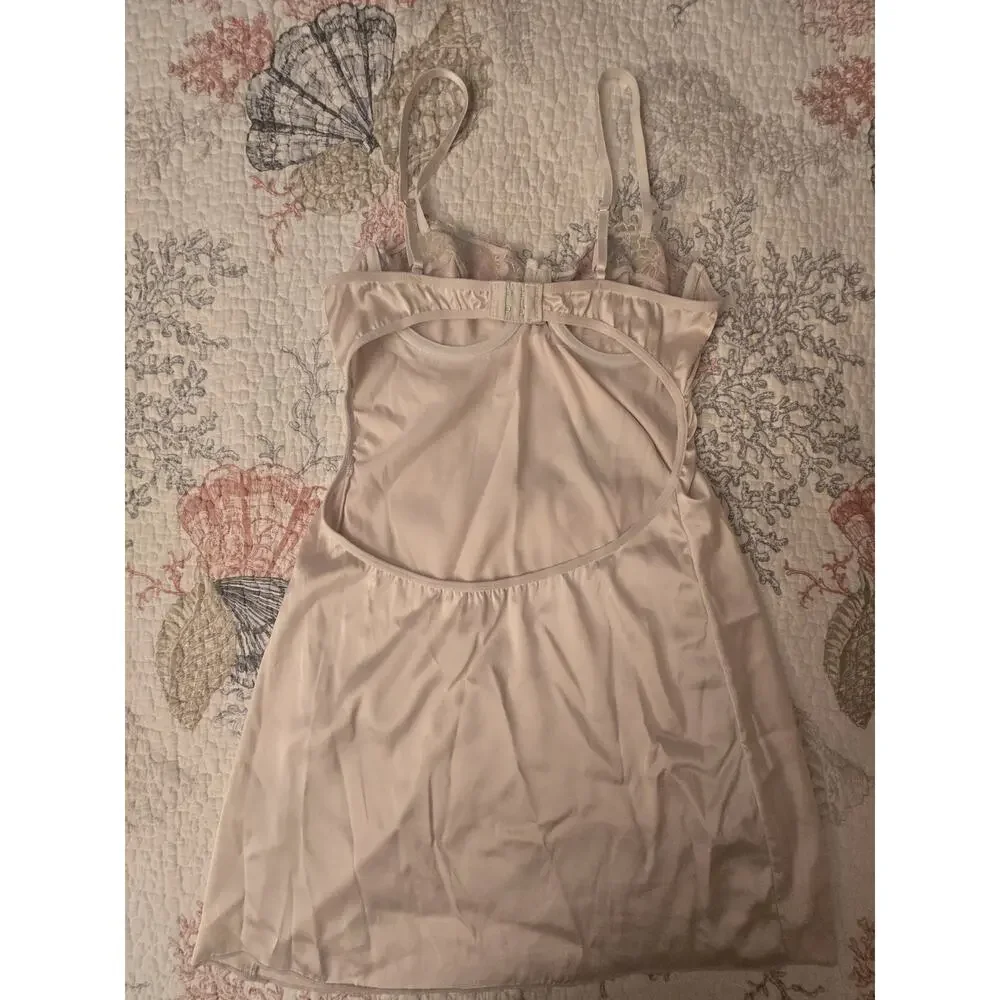 Lace Trim Bodice Blush Slip Nightie Lingerie Dress Keyhole Bodice Open Back Sz M